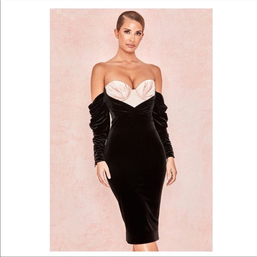 House of CB fifi dress. Black velvet/blush pink bodycon long sleeves midi corset